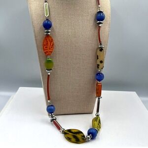 Vintage Boho Multi-Color Resin Bead Necklace Chunky Leopard Print Cord Statement